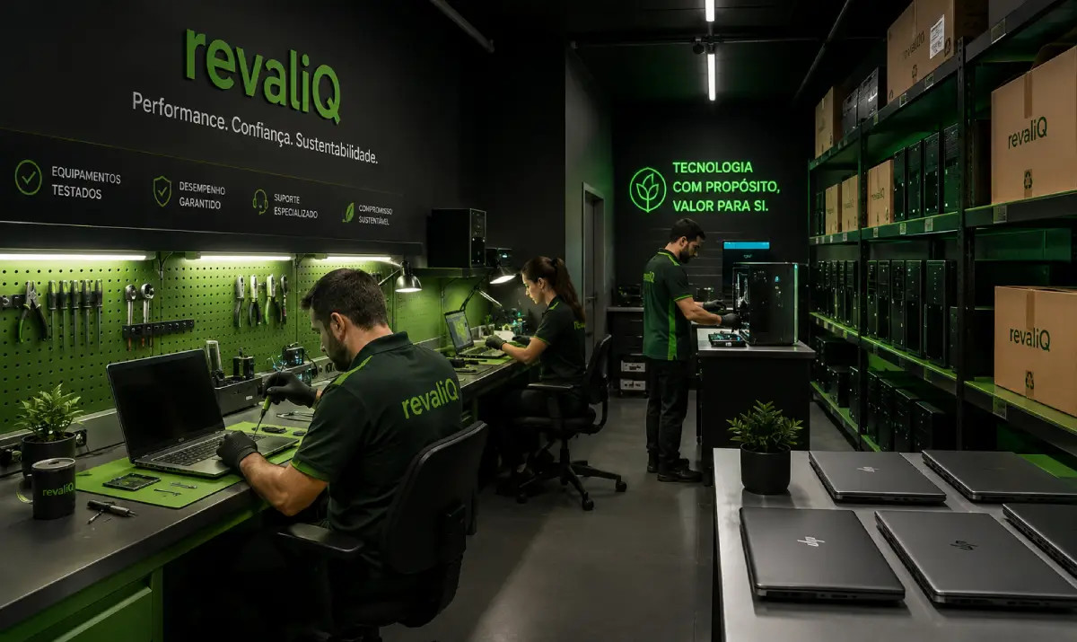 Equipe técnica em laboratório verde, trabalhando em workstations, com placas “revaliQ” e “Tecnologia com propósito”.
